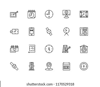 Set Of 20 linear icons such as Stop watch, Time, Placeholder, Hourglass, Watch, Wall clock, Time left, Calendar, Stopwatch, Alarm editable stroke vector icon pack