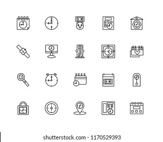 Set Of 20 linear icons such as Calendar, Service, Placeholder, Stop watch, Padlocks, Clocks, Wall clock, Computer, Piggybank, editable stroke vector icon pack