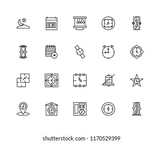 Set Of 20 linear icons such as Hourglass, Stop watch, Service, Clocks, Placeholder, Stopwatch, Wall clock, Event, Newton cradle, editable stroke vector icon pack