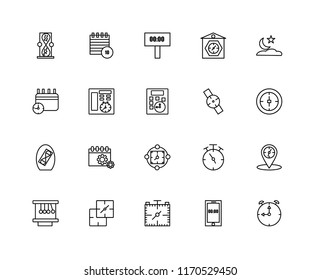 Set Of 20 linear icons such as Stopwatch, Smartphone, Stop watch, Newton cradle, Night, Smartwatch, Clocks, Kitchen timer, Service, Time, editable stroke vector icon pack