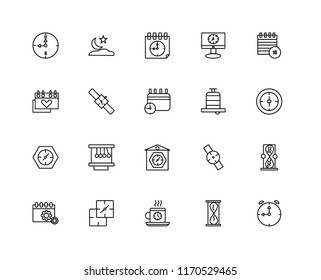 Set Of 20 linear icons such as Stopwatch, Hourglass, Digital clock, Stop watch, Event, Alarm, Clocks, Watch, Time, editable stroke vector icon pack