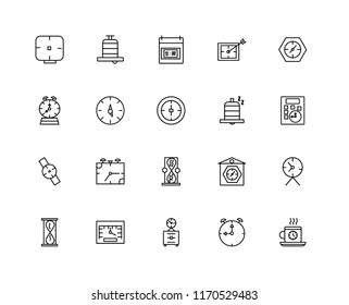 Set Of 20 linear icons such as Digital clock, Stopwatch, Wall Speedometer, Hourglass, Clocks, Snooze, Smartwatch, Time left, Time, editable stroke vector icon pack