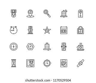 Set Of 20 linear icons such as Watch, Calculator, 15 minutes, Service, Hourglass, Clocks, Time, Alarm, Stop watch, editable stroke vector icon pack