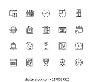 Set Of 20 linear icons such as Stop watch, Placeholder, Piggybank, Calculator, Time, Hourglass, Calendar, Clocks, Alarm, Padlocks, Stopclock, editable stroke vector icon pack