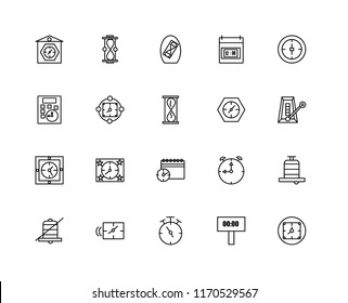 Set Of 20 linear icons such as Alarm, Time, Tea time, Clock, Stop watch, Clocks, Event, Wall clock, Kitchen timer, editable stroke vector icon pack