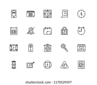 Set Of 20 linear icons such as Calculator, Wall clock, Alarm, Hourglass, Time left, Padlocks, Clocks, editable stroke vector icon pack