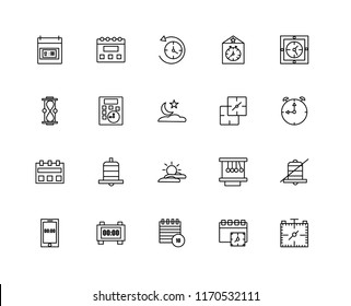 Set Of 20 linear icons such as Stop watch, Event, Alarm clock, Smartphone, Wall Sunrise, Calendar, Calculator, Anti clockwise, editable stroke vector icon pack