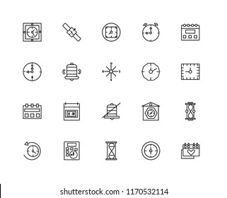 Set Of 20 linear icons such as Calendar, Stop watch, Hourglass, Calculator, Anti clockwise, Stopclock, Alarm, editable stroke vector icon pack