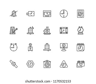 Set Of 20 linear icons such as Calendar, Wall clock, Clocks, Watch, Calculator, Alarm, Stopwatch, Snooze, Speedometer, editable stroke vector icon pack