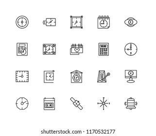 Set Of 20 linear icons such as Alarm, Clocks, Watch, Time, Stopclock, World, Calendar, Alarm clock, Wall Clock, editable stroke vector icon pack