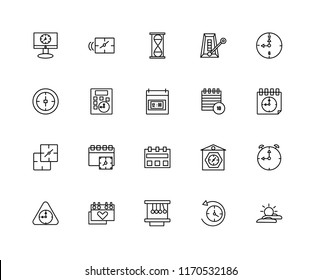 Set Of 20 linear icons such as Sunrise, Anti clockwise, Newton cradle, Calendar, Wall clock, Alarm Event, Stop watch, Calculator, Hourglass, editable stroke vector icon pack