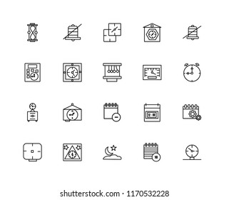Set Of 20 linear icons such as Wall clock, Event, Night, Clocks, Alarm Disable alarm, Speedometer, Add event, Stop watch, editable stroke vector icon pack