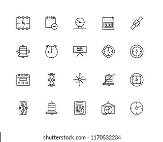 Set Of 20 linear icons such as Stopclock, Idea, Calculator, Alarm, Hourglass, Watch, 15 minutes, Clocks, Calendar, Stopwatch, Wall clock, editable stroke vector icon pack