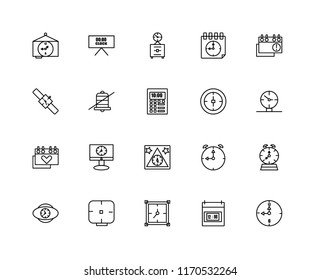 Set Of 20 linear icons such as Alarm clock, Time, Clock, World, Event, Stop watch, Clocks, Calendar, Disable alarm, Wall editable stroke vector icon pack