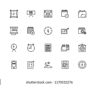 Set Of 20 linear icons such as Stop watch, Calculator, Night, Wall clock, Stopwatch, Alarm Calendar, Time, Event, Clocks, editable stroke vector icon pack
