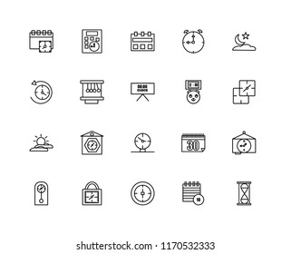 Set Of 20 linear icons such as Hourglass, Event, Stop watch, Padlocks, Clocks, Night, Piggybank, Wall clock, Sunrise, Newton cradle, Calendar, editable stroke vector icon pack