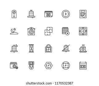 Set Of 20 linear icons such as Time, Alarm, Clocks, Piggybank, Event, Calculator, Padlocks, Snooze, Calendar, editable stroke vector icon pack