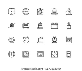 Set Of 20 linear icons such as Smartphone, Stop watch, Speedometer, Wall clock, Alarm, Digital Calendar, Snooze, Clocks, Alarm editable stroke vector icon pack