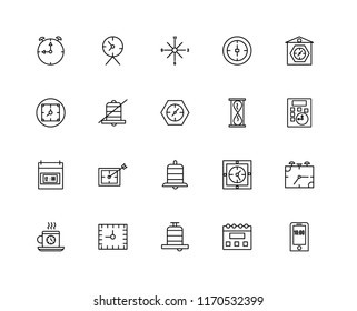 Set Of 20 linear icons such as Stopwatch, Calendar, Alarm, Alarm clock, Digital Clocks, Hourglass, Time, editable stroke vector icon pack