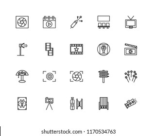 Set Of 20 linear icons such as Megaphone, Seat, Ticket, Tripod, Award, Television, Shutter, Spotlight, Film reel, Fireworks, editable stroke vector icon pack