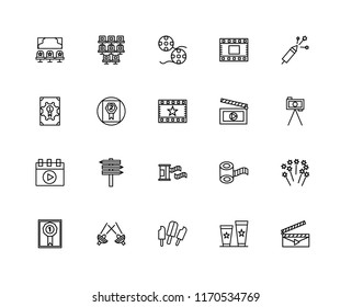 Set Of 20 linear icons such as Clapperboard, Popcorn, Popsicle, Spotlight, Prize, Fireworks, Clapboard, Film roll, Video player, Award, strip, editable stroke vector icon pack