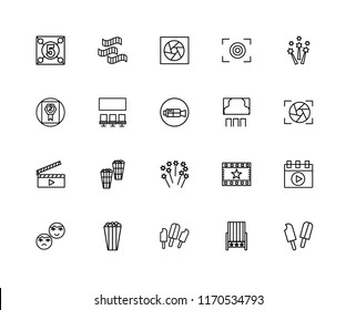 Set Of 20 linear icons such as Popsicle, Seat, Popcorn, Theatre, Fireworks, Clapperboard, Cinema, Film roll, editable stroke vector icon pack