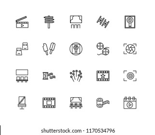 Set Of 20 linear icons such as Video player, Film roll, Cinema, strip, Chair, Prize, Fireworks, Popsicle, Seat, editable stroke vector icon pack