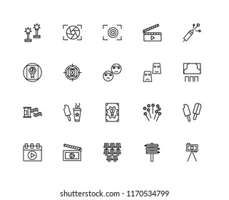 Set Of 20 linear icons such as Tripod, , Seat, Clapboard, Video player, Fireworks, Theatre, Award, Film roll, Countdown, Focus, editable stroke vector icon pack