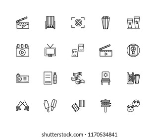 Set Of 20 linear icons such as Theatre, , Negative film, Popsicle, Spotlight, Popcorn, Clapperboard, Film roll, Projector, Television, Focus, editable stroke vector icon pack