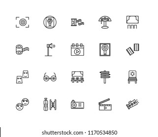 Set Of 20 linear icons such as Megaphone, Clapperboard, Projector, Ticket, Theatre, Seat, Prize, Cinema, Speaker, Film roll, editable stroke vector icon pack