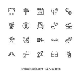 Set Of 20 linear icons such as Film roll, 3d glasses, Award, Theatre, Spotlight, Settings, Theater, Film, Video player, editable stroke vector icon pack