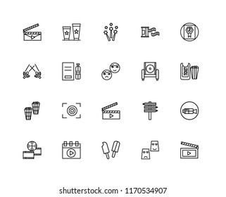 Set Of 20 linear icons such as Movie, Theatre, Popsicle, Video player, Film strip, Award, Armchair, Clapperboard, Popcorn, Water, Fireworks, editable stroke vector icon pack