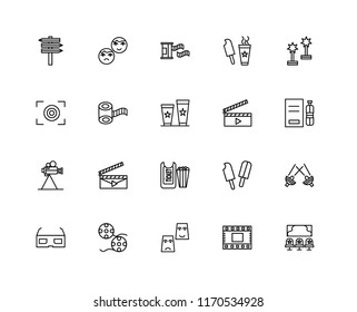Set Of 20 linear icons such as Cinema, Film strip, Theatre, 3d glasses, Award, Clapperboard, Ticket, Video camera, roll, editable stroke vector icon pack
