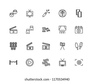 Set Of 20 linear icons such as Focus, Television, Film roll, Video player, carpet, Seat, Clapboard, Theatre, Fireworks, editable stroke vector icon pack
