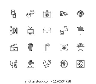 Set Of 20 linear icons such as Film roll, Award, Popsicle, Video camera, Countdown, Theatre, Speaker, Clapperboard, Television, player, editable stroke vector icon pack