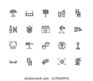 Set Of 20 linear icons such as Ticket, Focus, Megaphone, Film reel, 3d glasses, roll, Film, Theatre, Seat, Target, , editable stroke vector icon pack
