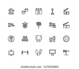 Set Of 20 linear icons such as, Monitor, Popsicle, carpet, Television, Clapperboard, Film roll, Seat, Award, Target, Video player, editable stroke vector icon pack