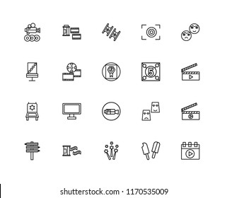 Set Of 20 linear icons such as Video player, Popsicle, Fireworks, Film roll, , Theatre, Countdown, camera, Director chair, strip, Ticket, editable stroke vector icon pack