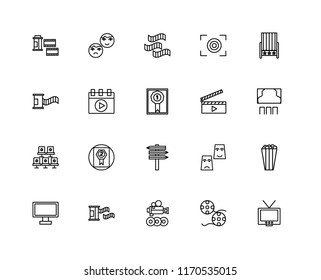 Set Of 20 linear icons such as Television, Film strip, Video player, roll, Monitor, Seat, Clapperboard, , editable stroke vector icon pack