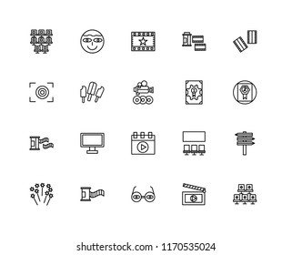 Set Of 20 linear icons such as Seat, Clapboard, 3d glasses, Film roll, Fireworks, Negative film, Award, Video player, Popsicle, Premier, editable stroke vector icon pack