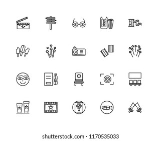 Set Of 20 linear icons such as Spotlight, Video camera, Award, Premier, Popcorn, Film roll, Negative film, Chair, Lens, Fireworks, 3d glasses, editable stroke vector icon pack