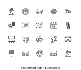 Set Of 20 linear icons such as Video camera, 3d glasses, Lens, , Film roll, player, Popsicle, Cinema, Focus, editable stroke vector icon pack