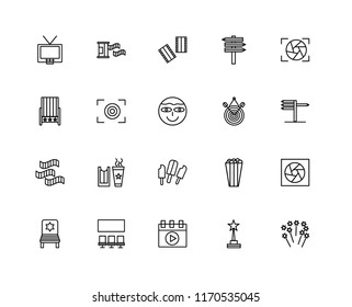 Set Of 20 linear icons such as Fireworks, Star, Video player, Cinema, Chair, Shutter, Target, Popsicle, Film roll, Focus, Negative film, editable stroke vector icon pack