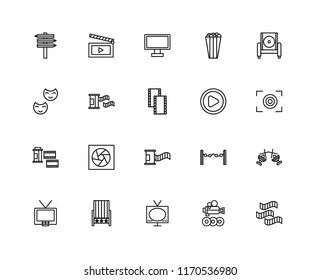 Set Of 20 linear icons such as Film roll, Video player, Television, Seat, Armchair, Monitor, editable stroke vector icon pack