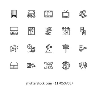 Set Of 20 linear icons such as Fireworks, Award, Shutter, Film roll, 3d glasses, Video player, Film, Popsicle, Prize, strip, editable stroke vector icon pack