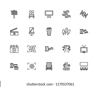 Set Of 20 linear icons such as Cinema, Video player, Seat, Focus, Film roll, Ticket, Popsicle, Chair, Monitor, editable stroke vector icon pack