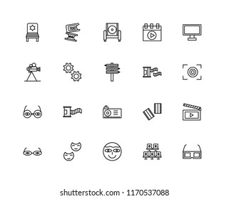 Set Of 20 linear icons such as 3d glasses, Seat, Lens, Theater, Monitor, Film roll, Projector, Settings, Armchair, editable stroke vector icon pack