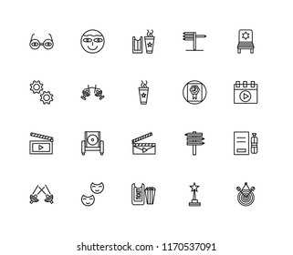 Set Of 20 linear icons such as Target, Star, Ticket, Theater, Spotlight, Chair, Award, Clapperboard, Movie, editable stroke vector icon pack