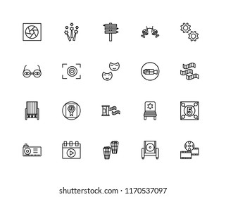 Set Of 20 linear icons such as Film strip, Armchair, Popcorn, Video player, Projector, Settings, camera, roll, Seat, Focus, , editable stroke vector icon pack