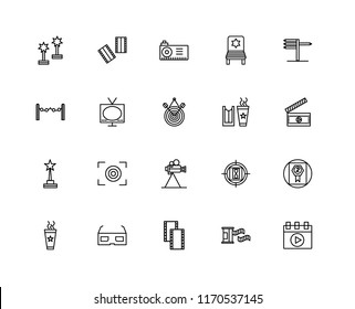 Set Of 20 linear icons such as Video player, Film roll, 3d glasses, Popcorn, , Ticket, camera, Star, Television, Projector, editable stroke vector icon pack